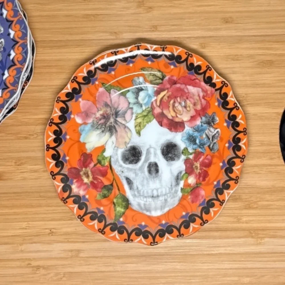 222 Fifth Marbella Skull Plates Set of 4 Multicolor Floral Halloween Gothic